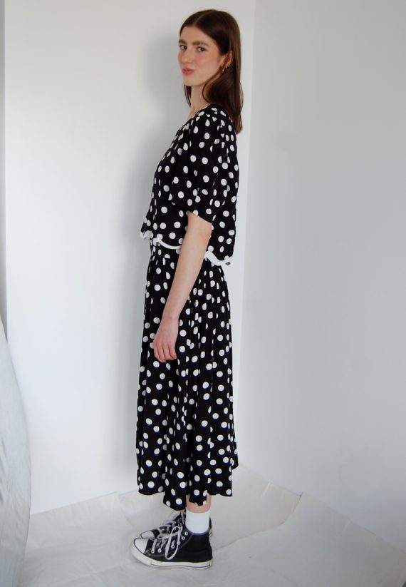 Dwuczęściowa czarna sukienka w białe grochy vintage