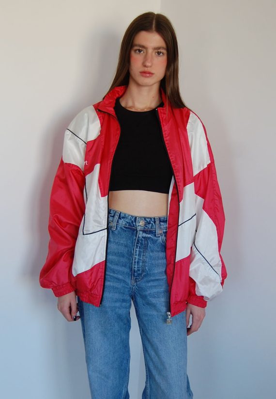 Biało czerwona atłasowa kurtka