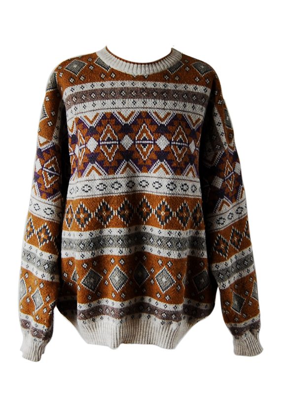 Sweter geometryczne wzory fiolet brąz szarość